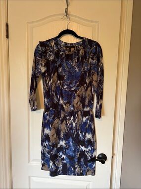BCBGMaxAzria Blue and Black Abstract Print Long-Sleeve Dress